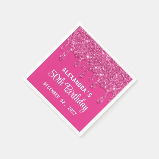 エレガントグリッターホットピンクドリップス50誕生日 スタンダードカクテルナプキン (角)