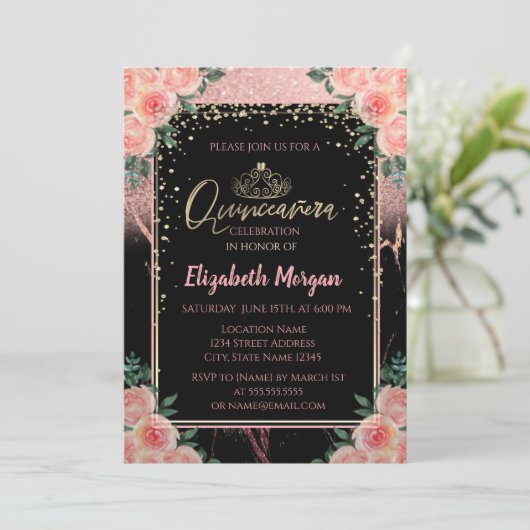 エレガントグリッターモダン金ゴールドティアラ、大理石の花 招待状 (スタンド正面)