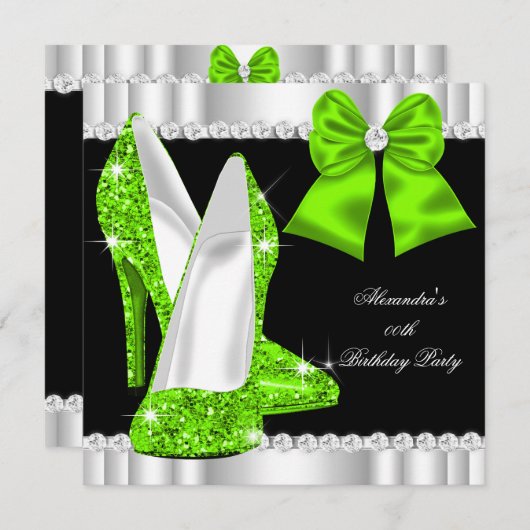 エレガントグリッターライムグリーンハイヒール誕生日2 招待状 (正面/裏面)