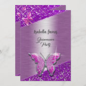 エレガントグリッター箔キラキラ紫色の蝶 招待状 (正面/裏面)