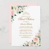 エレガントグリッター赤面金ゴールドフローラSweet sixteen 招待状 (正面/裏面)