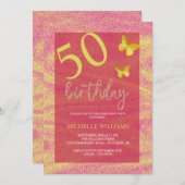 エレガントグリッター金ゴールド書道フローラ誕生日 招待状 (正面/裏面)