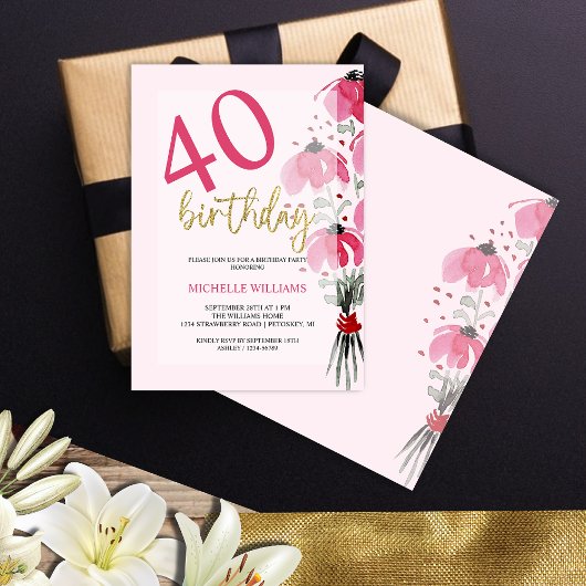 エレガントグリッター金ゴールド書道フローラ誕生日 招待状