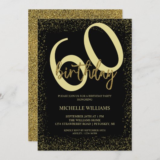 エレガントグリッター金ゴールド書道誕生日 招待状 (正面/裏面)