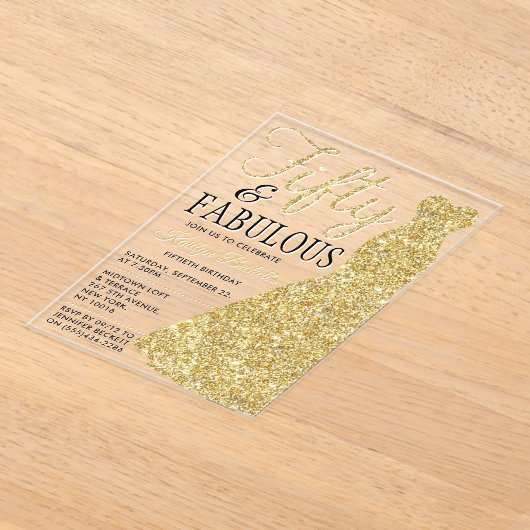 エレガントグリッター |フィフティ&ファブラス誕生日 アクリル招待状 (レイダウン)