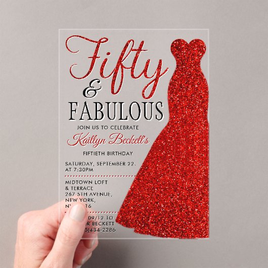 エレガントグリッター |フィフティ&ファブラス誕生日 アクリル招待状 (インサイチュ (ポータブル))