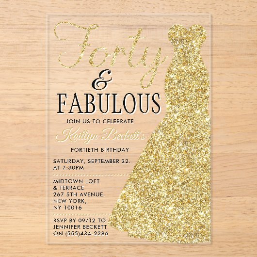 エレガントグリッター |フォーティ&ファブラス誕生日 アクリル招待状 (正面)