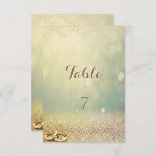 エレガントグリッター、《写真》ぼけ味、リングや輪テーブルカード 招待状 (正面/裏面)