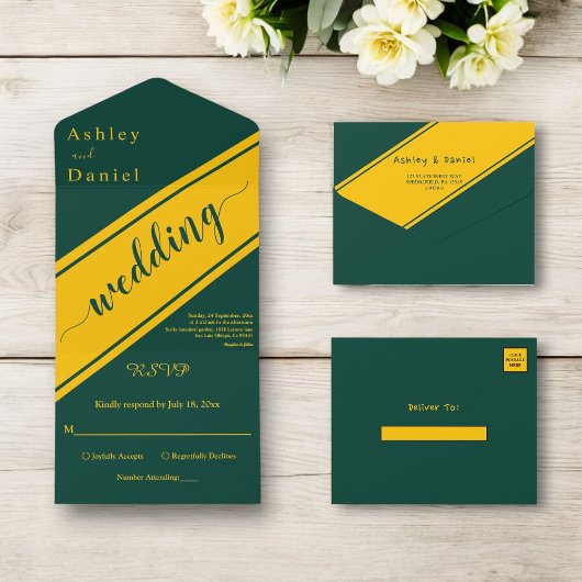 エレガントグリモダンーン&金ゴールドラグジュアリーシック結婚ズ オールインワン招待状