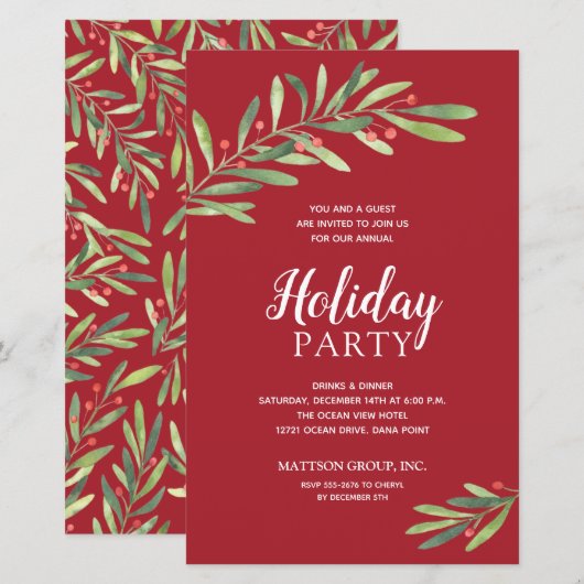 エレガントグリーナリーバジェット赤ホリデー招待状 (正面/裏面)