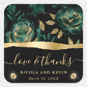 エレガントグリーンおよび金ゴールドグリッターバラフローラ結婚 スクエアシール (正面)