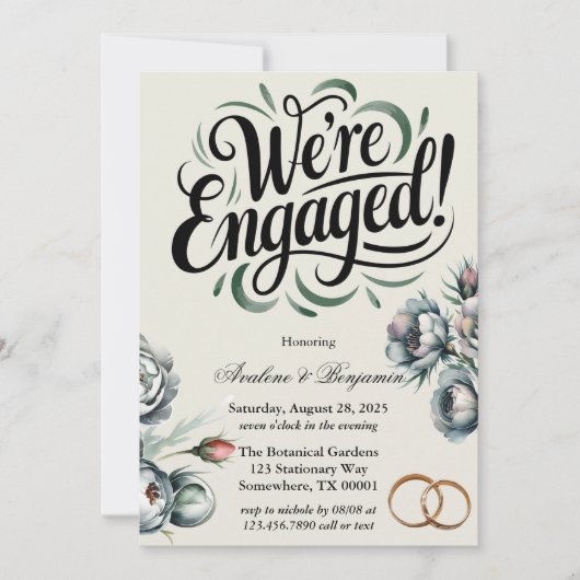 エレガントグリーンとグレーのブーケ私たちは婚約した 招待状 (正面)