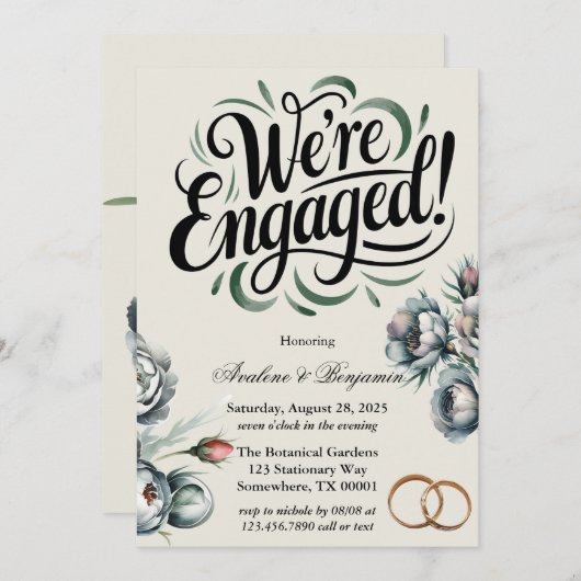 エレガントグリーンとグレーのブーケ私たちは婚約した 招待状 (正面/裏面)