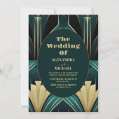 エレガントグリーンと金ゴールドのアールデコ結婚 招待状 (正面)