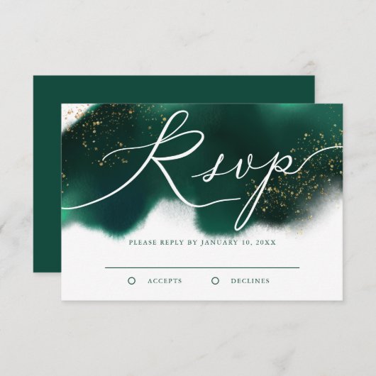 エレガントグリーンと金ゴールドのグリッター結婚 出欠カード (正面/裏面)