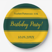エレガントグリーンと金ゴールドストライプのモダン誕生日 ペーパープレート (正面)