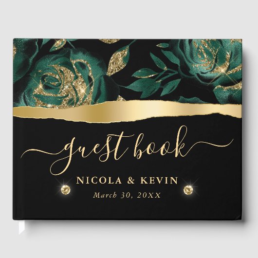 エレガントグリーンと金ゴールドバラの結婚フローラ ゲストブック (正面)