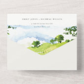 エレガントグリーンウォーター色の国の側ヒルズ結婚 オールインワン招待状 (裏面)