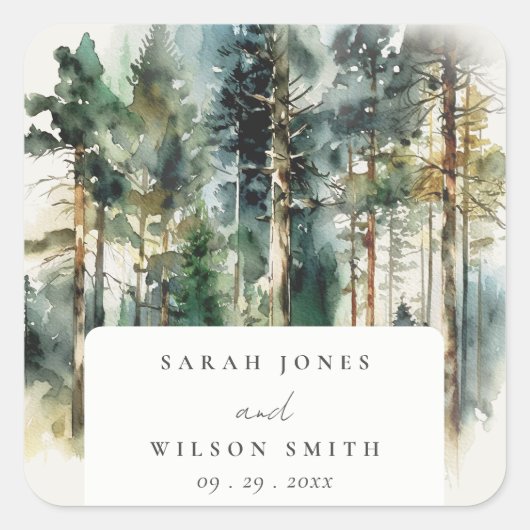 エレガントグリーンウォーター色ウッドランド結婚フォレスト スクエアシール (正面)