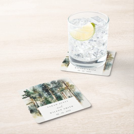 エレガントグリーンウォーター色ウッドランド結婚フォレスト スクエアペーパーコースター (インサイチュ)