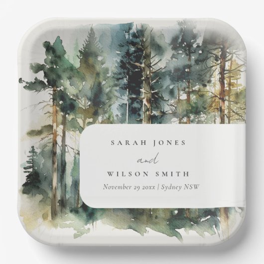 エレガントグリーンウォーター色ウッドランド結婚フォレスト ペーパープレート (正面)