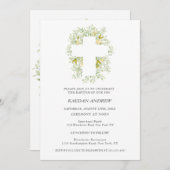 エレガントグリーンクリームフローラバプテスマ招待状 招待状 (正面/裏面)