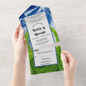 エレガントグリーンブルースカイランドスケープ結婚抽象芸術 オールインワン招待状 (貼ってはがせる)