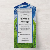 エレガントグリーンブルースカイランドスケープ結婚抽象芸術 オールインワン招待状 (内側)