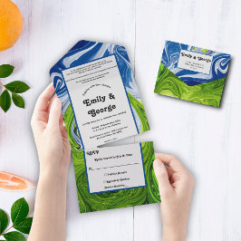 エレガントグリーンブルースカイランドスケープ結婚抽象芸術 オールインワン招待状