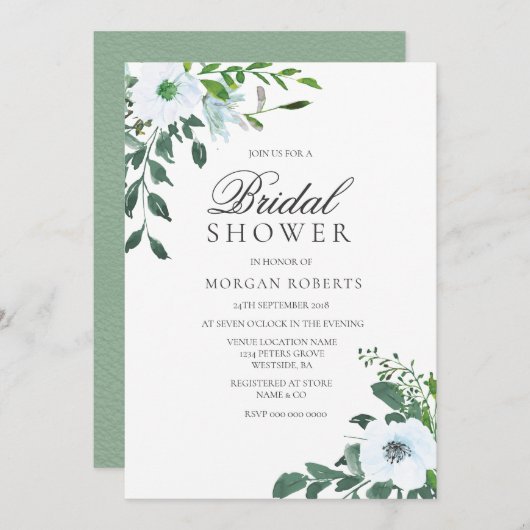 エレガントグリーンリーホワイトフローラブライダルシャワー招待状 招待状 (正面/裏面)