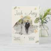 エレガントグリーン+フラワー写真の結婚式招待状 招待状 (スタンド正面)
