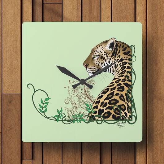 エレガントグリーン レオパード ボタニカル ヘナ スクエア壁時計