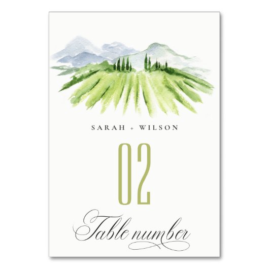 エレガントグリ素朴ンブルーワイナリービネヤードズ結婚ス テーブルナンバー (正面)