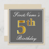 エレガントグレイ、フェイク金ゴールド第5誕生日、名前をカスタムする 招待状 (正面/裏面)