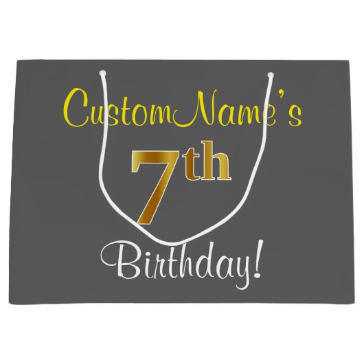 エレガントグレイ、フェイク金ゴールド第7誕生日、名前をカスタムする ラージペーパーバッグ (正面)