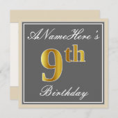 エレガントグレイ、フェイク金ゴールド第9誕生日、名前をカスタムする 招待状 (正面/裏面)