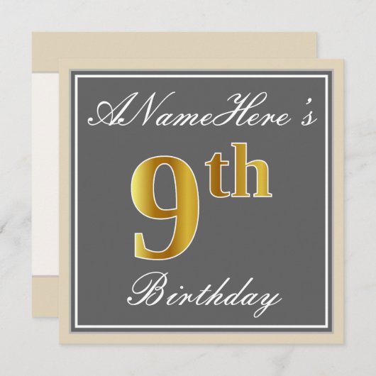 エレガントグレイ、フェイク金ゴールド第9誕生日、名前をカスタムする 招待状 (正面/裏面)