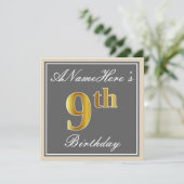 エレガントグレイ、フェイク金ゴールド第9誕生日、名前をカスタムする 招待状 (スタンド正面)