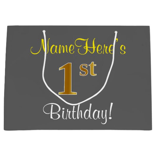 エレガントグレイ、フェイク金ゴールド1歳、名前をカスタムする ラージペーパーバッグ (正面)