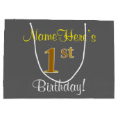 エレガントグレイ、フェイク金ゴールド1歳、名前をカスタムする ラージペーパーバッグ (裏面)