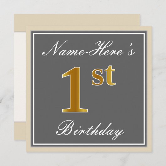 エレガントグレイ、フェイク金ゴールド1歳、名前をカスタムする 招待状 (正面/裏面)