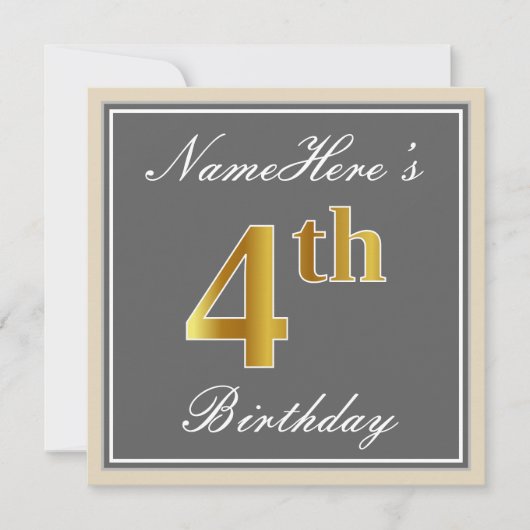 エレガントグレイ、フェイク金ゴールド4歳、名前をカスタムする 招待状 (正面)