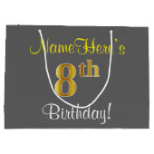 エレガントグレイ、フェイク金ゴールド8誕生日、名前をカスタムする ラージペーパーバッグ (裏面)