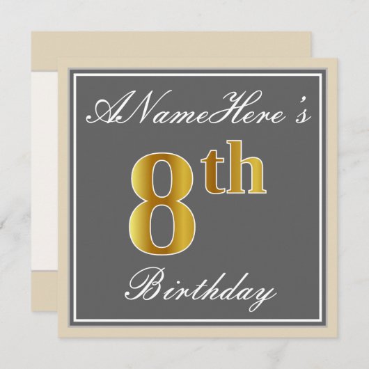 エレガントグレイ、フェイク金ゴールド8誕生日、名前をカスタムする 招待状 (正面/裏面)