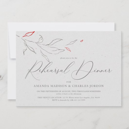 エレガントグレーと赤シンプルの花リハーサルディナー 招待状 (正面)