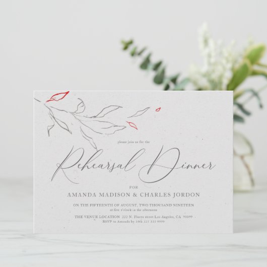 エレガントグレーと赤シンプルの花リハーサルディナー 招待状 (スタンド正面)