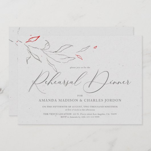 エレガントグレーと赤シンプルの花リハーサルディナー 招待状 (正面/裏面)