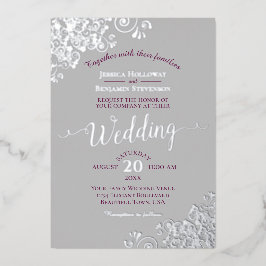 エレガントグレーズのシルバーレースカシス結婚パープル 箔招待状