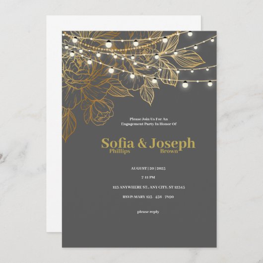 エレガントグレーモダンと金ゴールドの婚約 招待状 (正面/裏面)