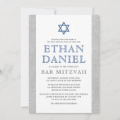 エレガントグレーリネンブルースターオブデイビッドバー（ユダヤ教の）バル・ミツバー 招待状 (正面)